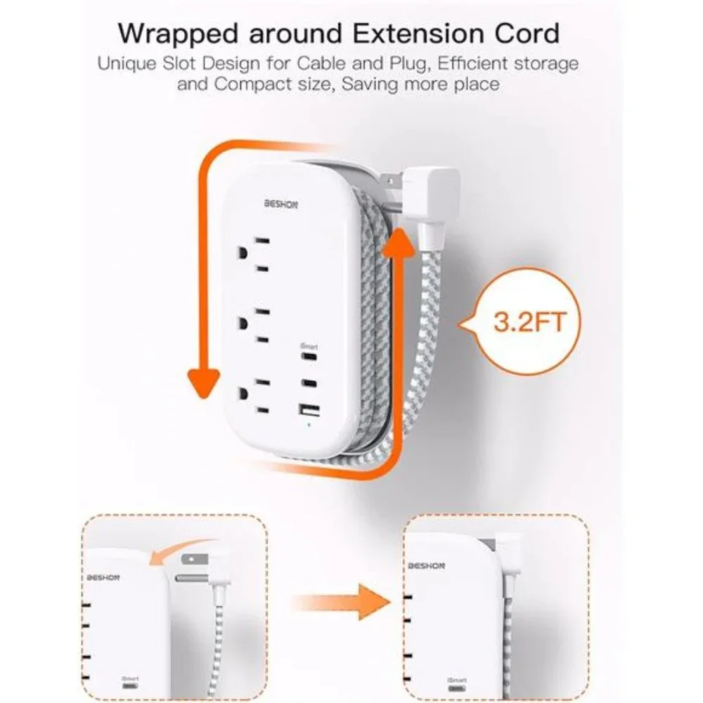 Flat Plug Power Strip, 3 Outlets with 3 USB Ports(2 USB C),3.2ft Extension Cord
